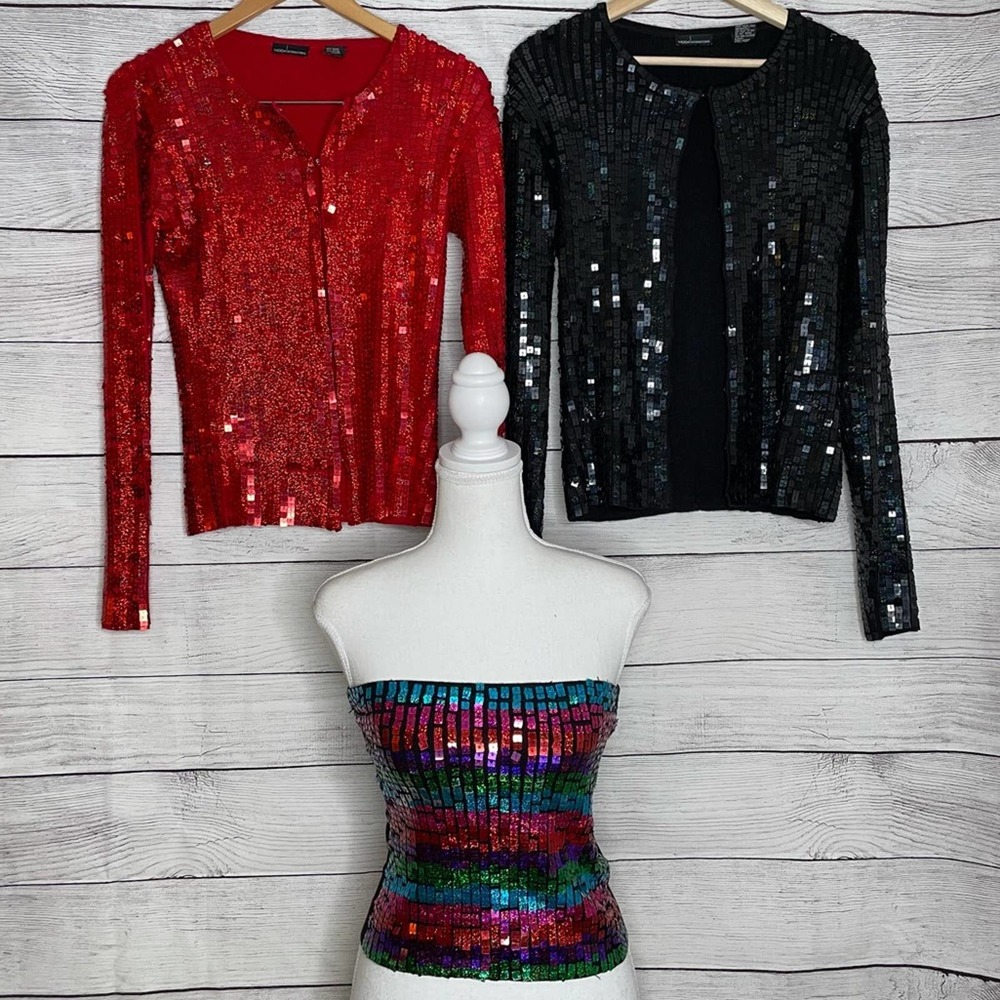3 PIECE SET Moda International Vintage Y2K Sequin Tube Top & Cardigans XS